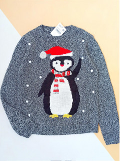 Вязаный свитер с пайетками и помпонами рождественский пингвин черный/белый 13-14лет (158/164)