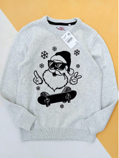 Вязаный свитер с бархатным принтом рождественский Санта серый 11-12лет (146/152)