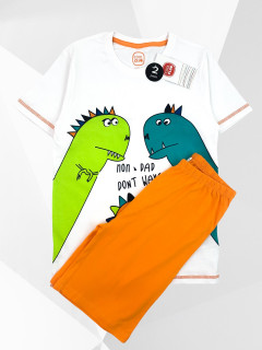 Костюм трикотажный  футболка + шорты 9лет (134) белый оранжевый динозавры Cool club