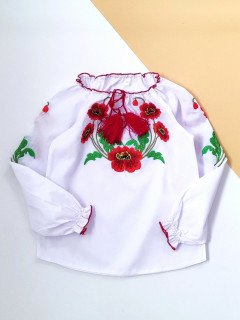 Блузка-вышиванка с разрезами по бокам с китицами 5лет (110) белый маки листья