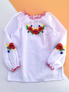 Блузка-вышиванка с разрезами по бокам 16лет (170) белый маки васильки
