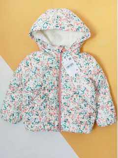 Непромокаемая и непродуваемая легкая курточка на синтепоне капюшон с мехом принт в цветочек/белый 18 мес (86) 