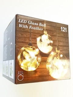 Декоративный рождественский стеклянный LED шар с перьями внутри