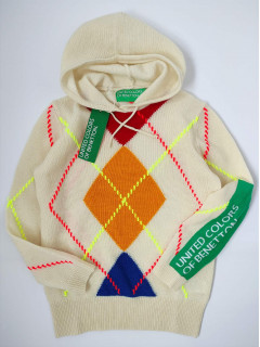 Теплый вязаный свитер оверсайз из первичной шерсти  с капюшоном молочный ХС-С