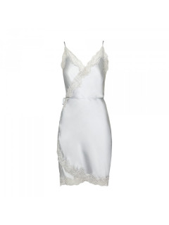 Короткое платье для сна на запах из атласа с кружевными деталями жемчужный серый С