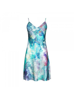 Короткое платье для сна из атласа с интересной спинкой синезеленый цветочный принт С