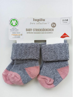 Вязаные коттоновые носочки 2 пары набор 0-3мес(50/56) серый розовый Lupilu 