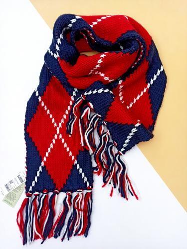 Теплый плотный вязаный двухслойный шарф с бахромой синий/красный