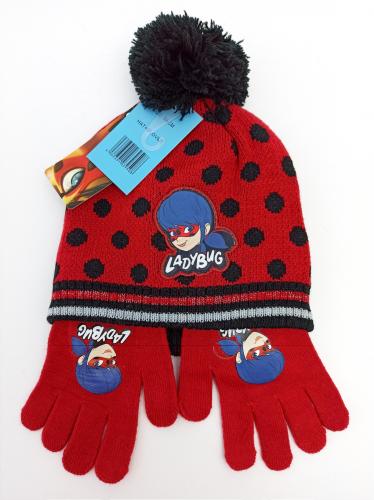 Вязаный набор двухслойная шапочка + перчатки с нашивкой и вышивкой люриксом Леди Баг 6-8лет (54) Disney 