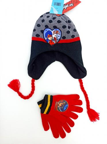 Вязаный набор двухслойная шапочка ушанка  + перчатки с нашивкой и вышивкой люрексом Леди Баг 4-6лет (52) Disney 