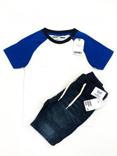 Крутой наборчик футболка + джинсовые шорты 1,5-2года (92) синий белый Next Н&М