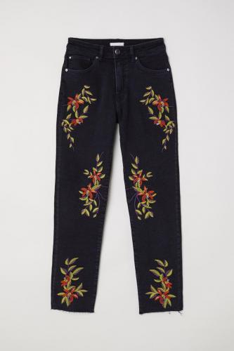 Джинсовые брюки с вышивкой высокая посадка С черный цветы H&M